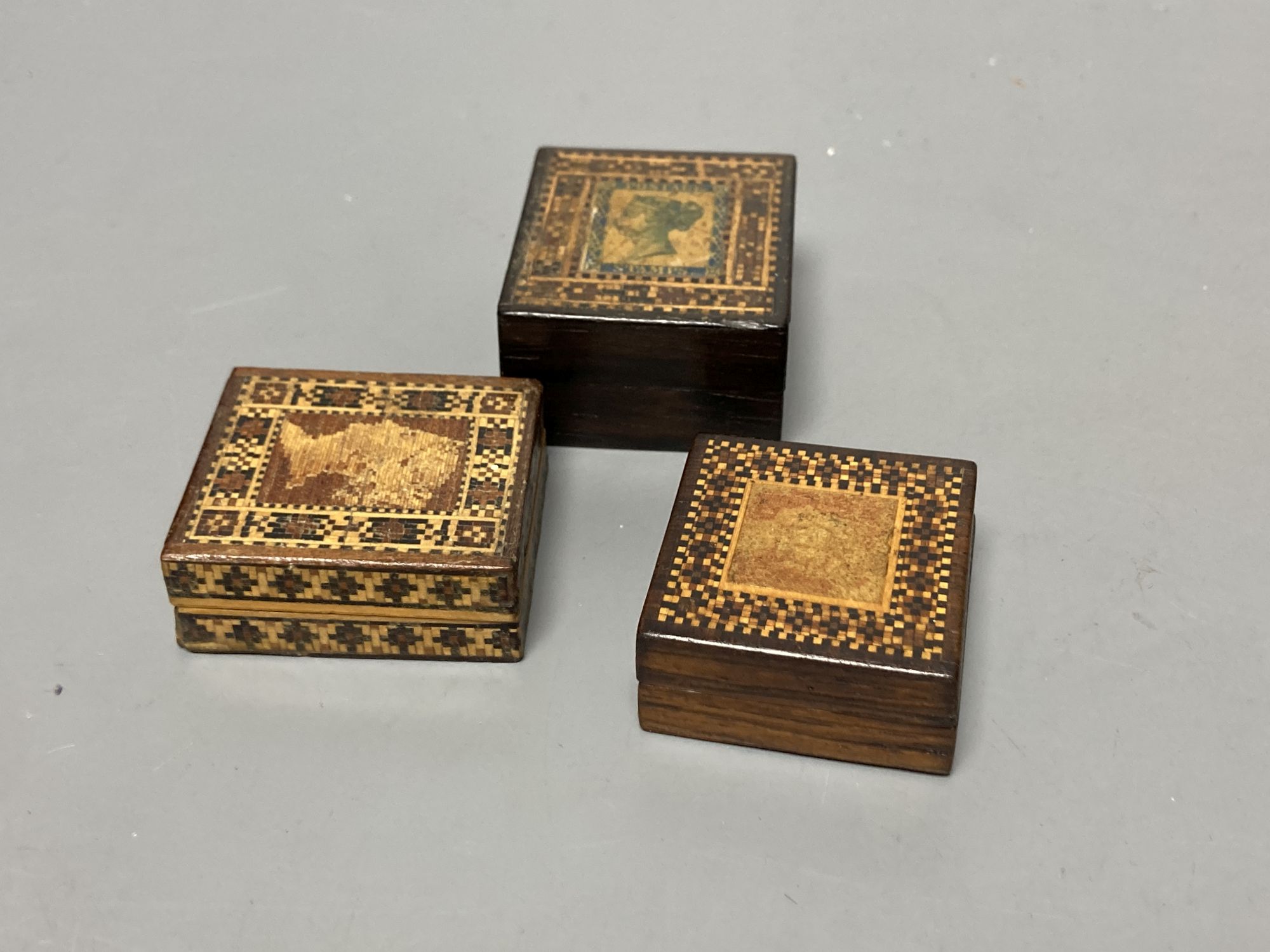Three Victorian Tunbridge ware stamp boxes, late 19th century
